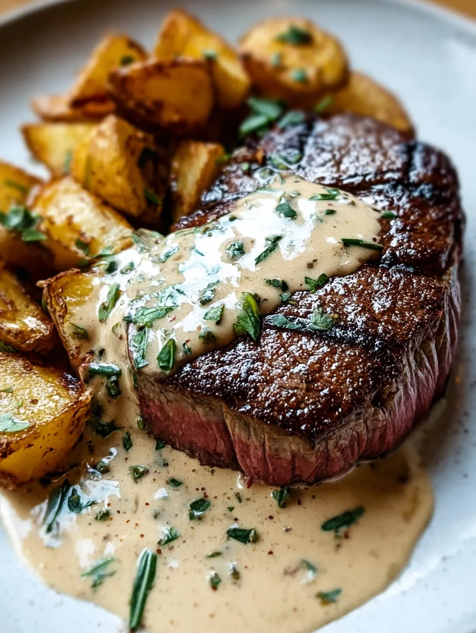 Ein Stück Steak mit cremiger Sauce obendrauf.