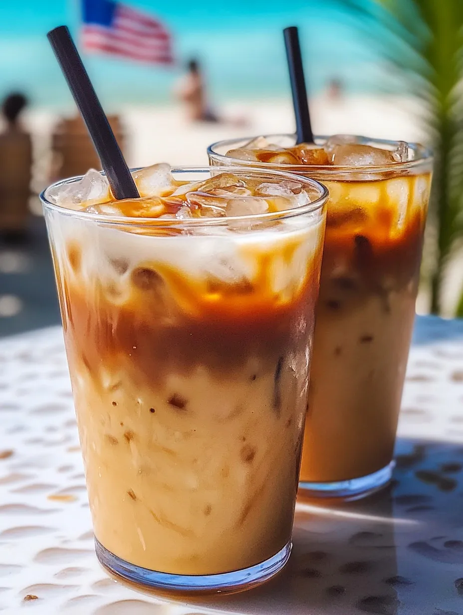 Zwei Gläser Eiskaffee auf einem Tisch.
