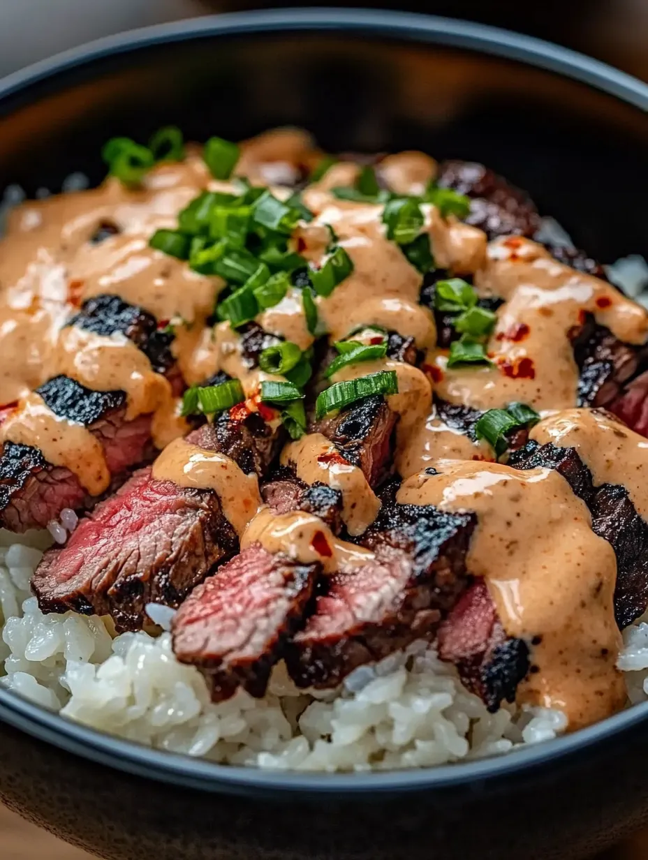 Eine Schale mit Reis, Fleisch und Soße.
