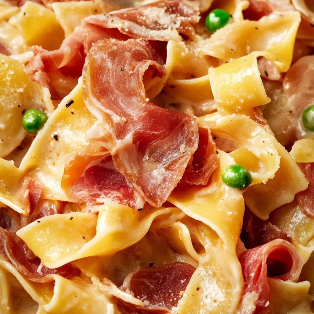 Teller mit Pasta, Schinken und Erbsen.