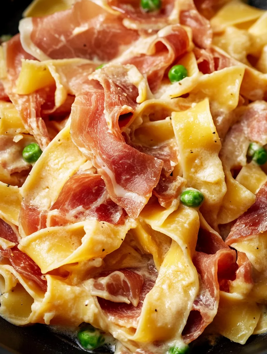 Ein Pastateller mit Schinken und Erbsen.
