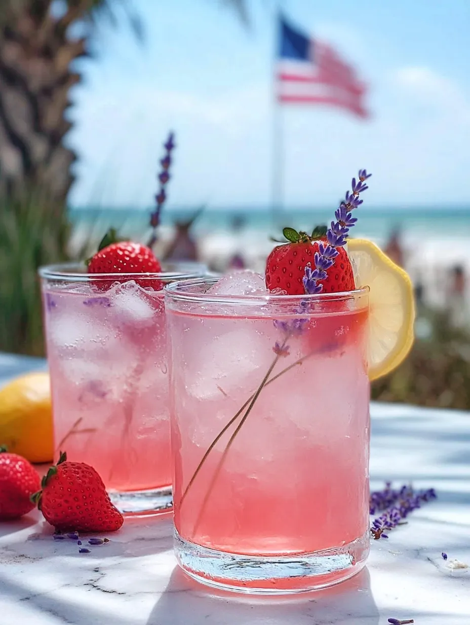 Zwei Gläser pinke Limonade mit Erdbeeren und Lavendel.