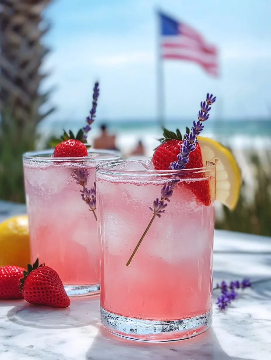 Zwei Gläser rosa Limonade mit Erdbeeren und Lavendel.