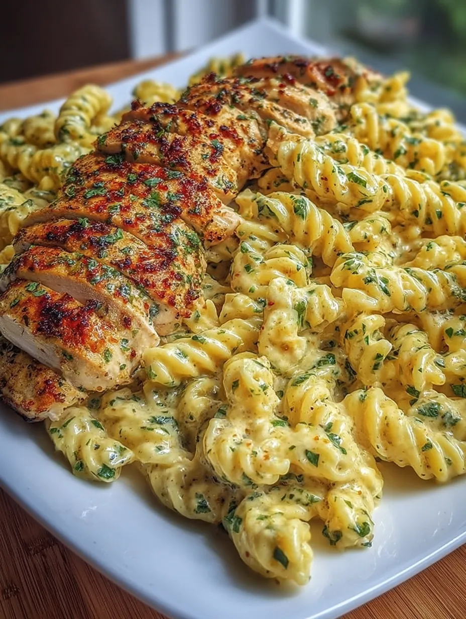 Ein Teller mit Hähnchen, Nudeln und Brokkoli.