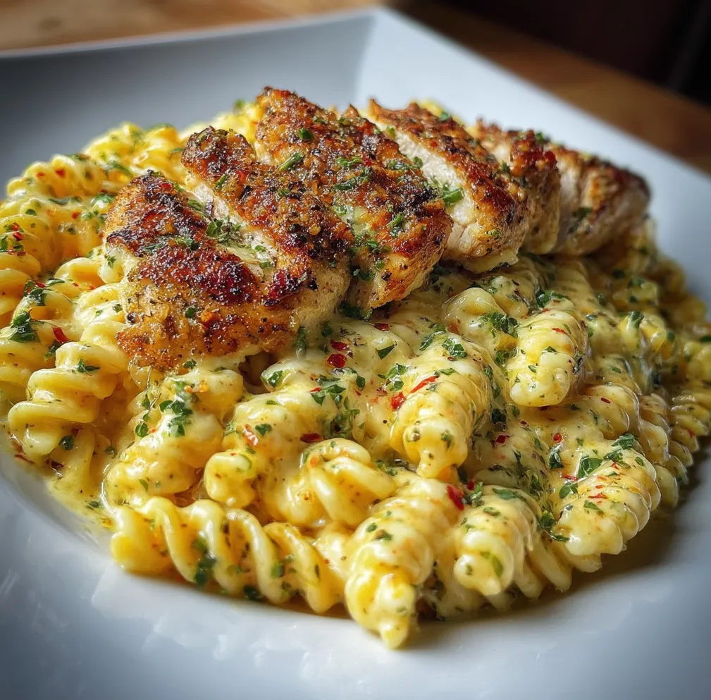 Ein Teller Pasta mit Hähnchen oben drauf.