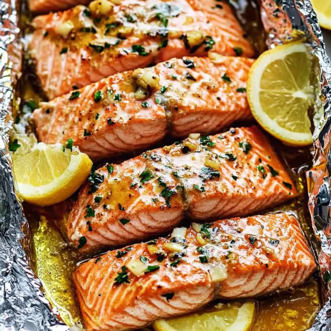 Ein Lachs, eingewickelt in Folie, mit Zitronenscheiben obendrauf.