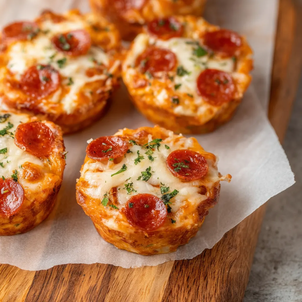Auf einem Holzbrett liegen kleine Mini-Pizzen mit Käse und Salami.