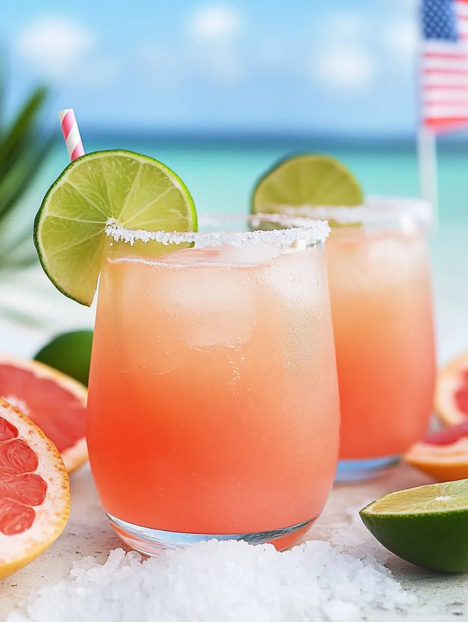 Zwei Gläser mit pinken Drinks, Limetten und Grapefruit.