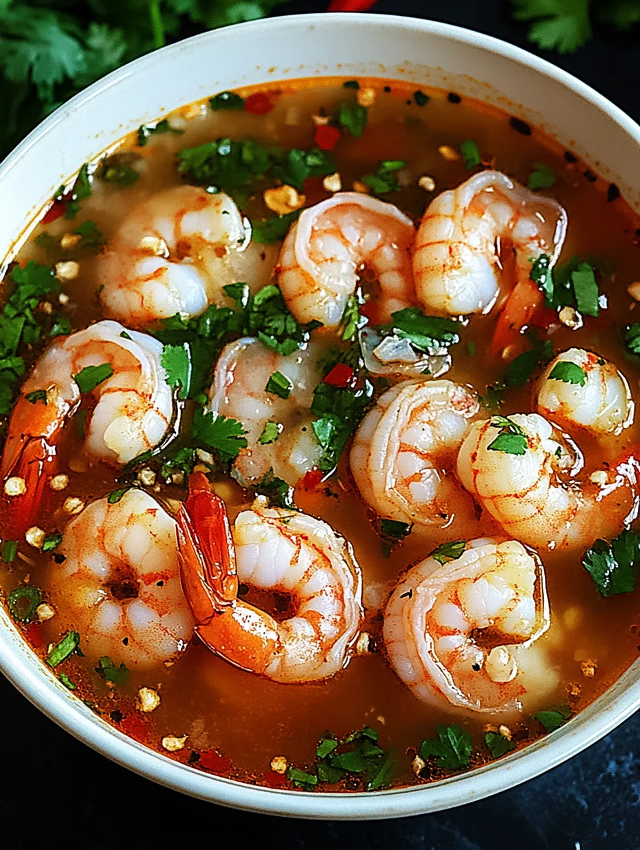 Eine Schale Garnelensuppe mit Löffel.