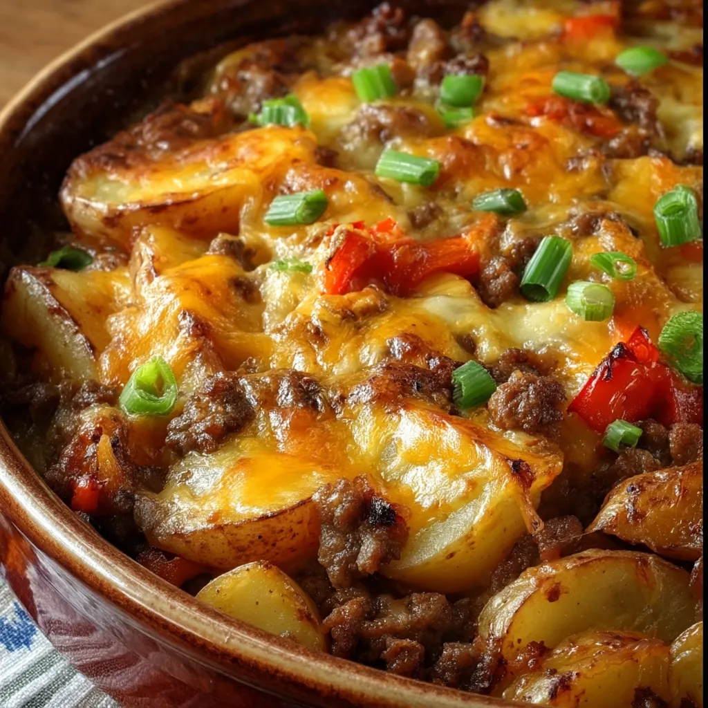 Schüssel mit Kartoffeln und Fleisch.