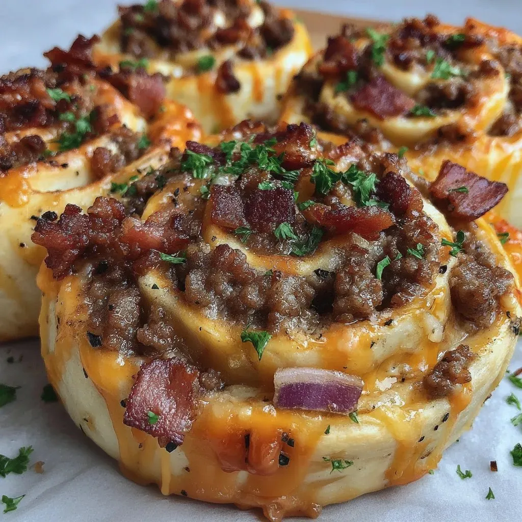 Ein Teller mit Speck umwickelten Hackbällchen.