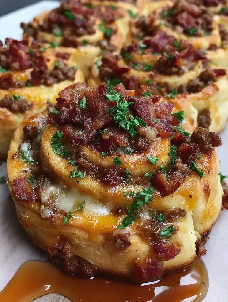 Bacon umwickelte Fleischröllchen auf einem Holztisch.