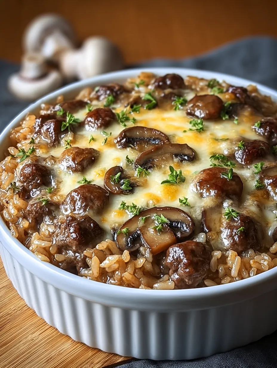 Eine Schüssel Reis mit Pilzen und Fleisch.