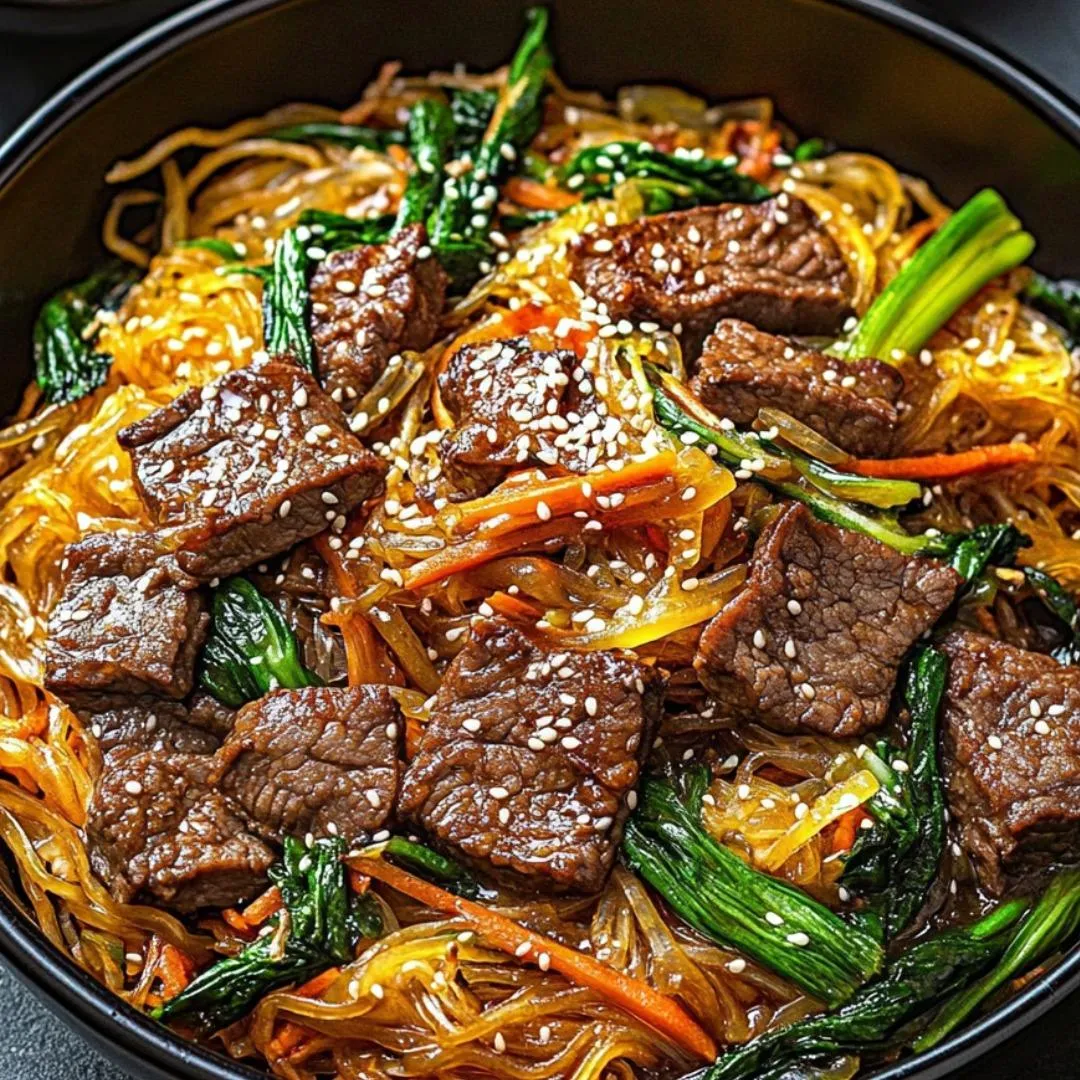Eine Schüssel mit Nudeln, Fleisch und Gemüse.