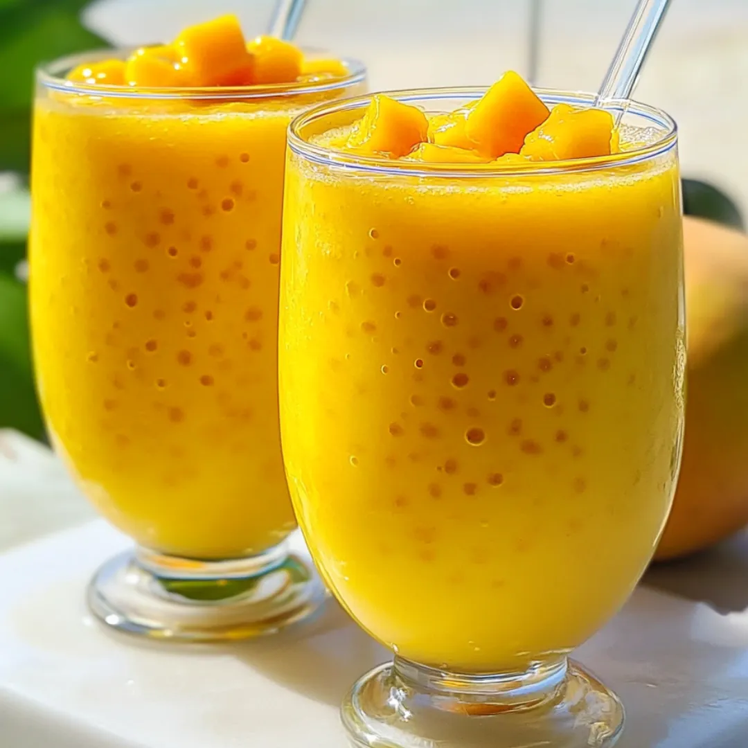 Zwei Gläser mit Mangosaft und frischen Mangostückchen.