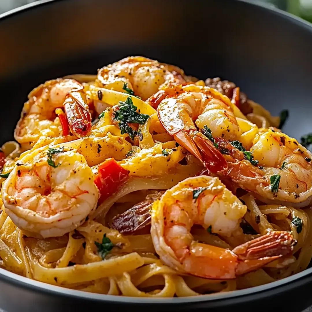 Schüssel mit Pasta und Garnelen.