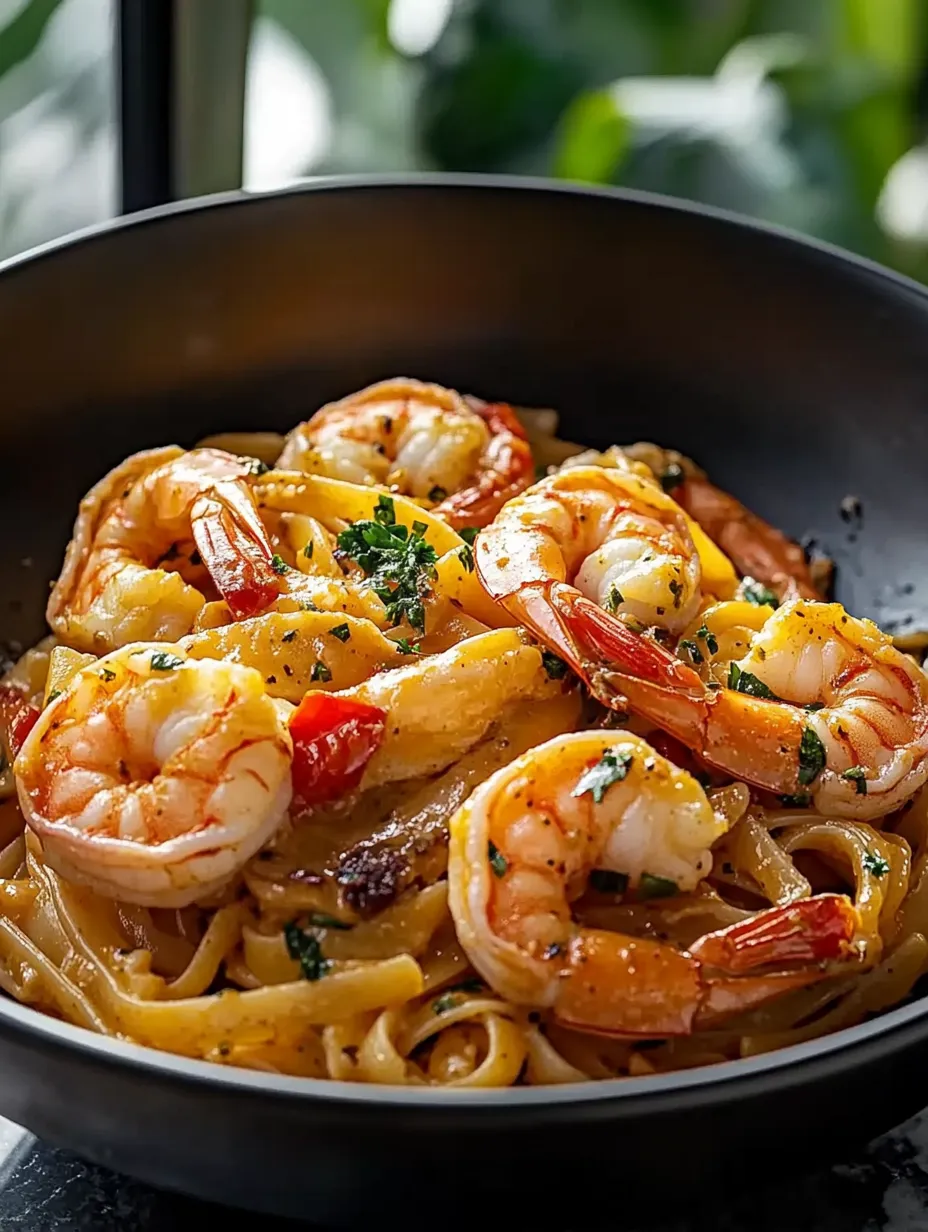 Eine Schüssel Garnelen mit Pasta.