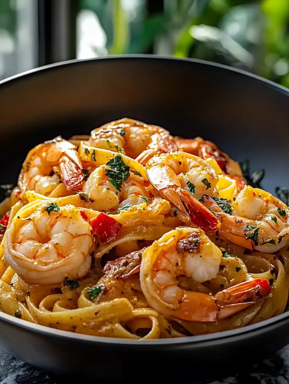Eine Schüssel Garnelen mit Pasta.