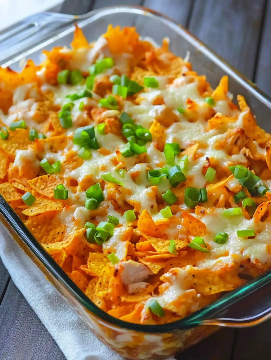 Nacho-Auflauf mit geschmolzenem Käse und Frühlingszwiebeln.