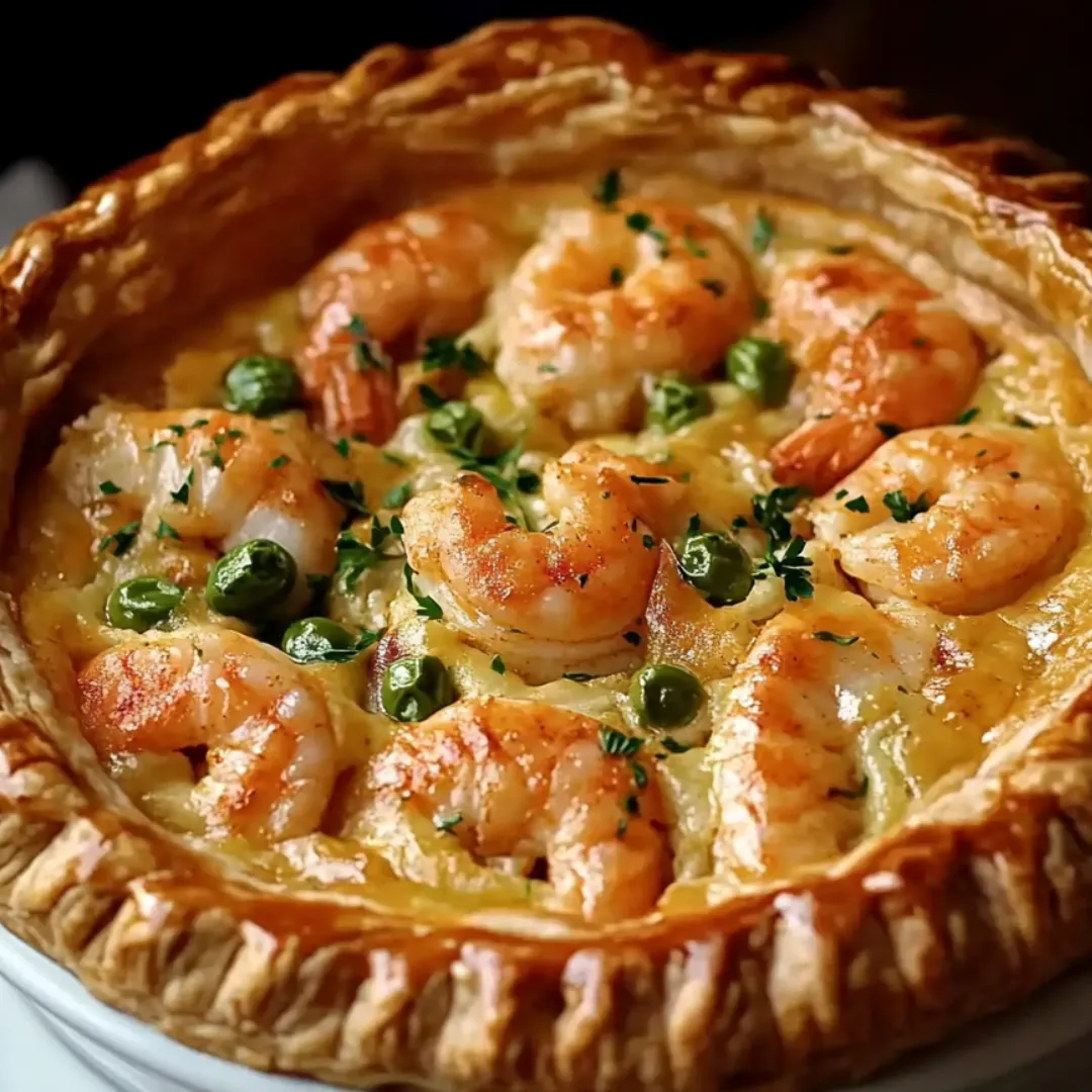 Eine Pie mit Shrimps und Erbsen im goldenen Teigmantel.