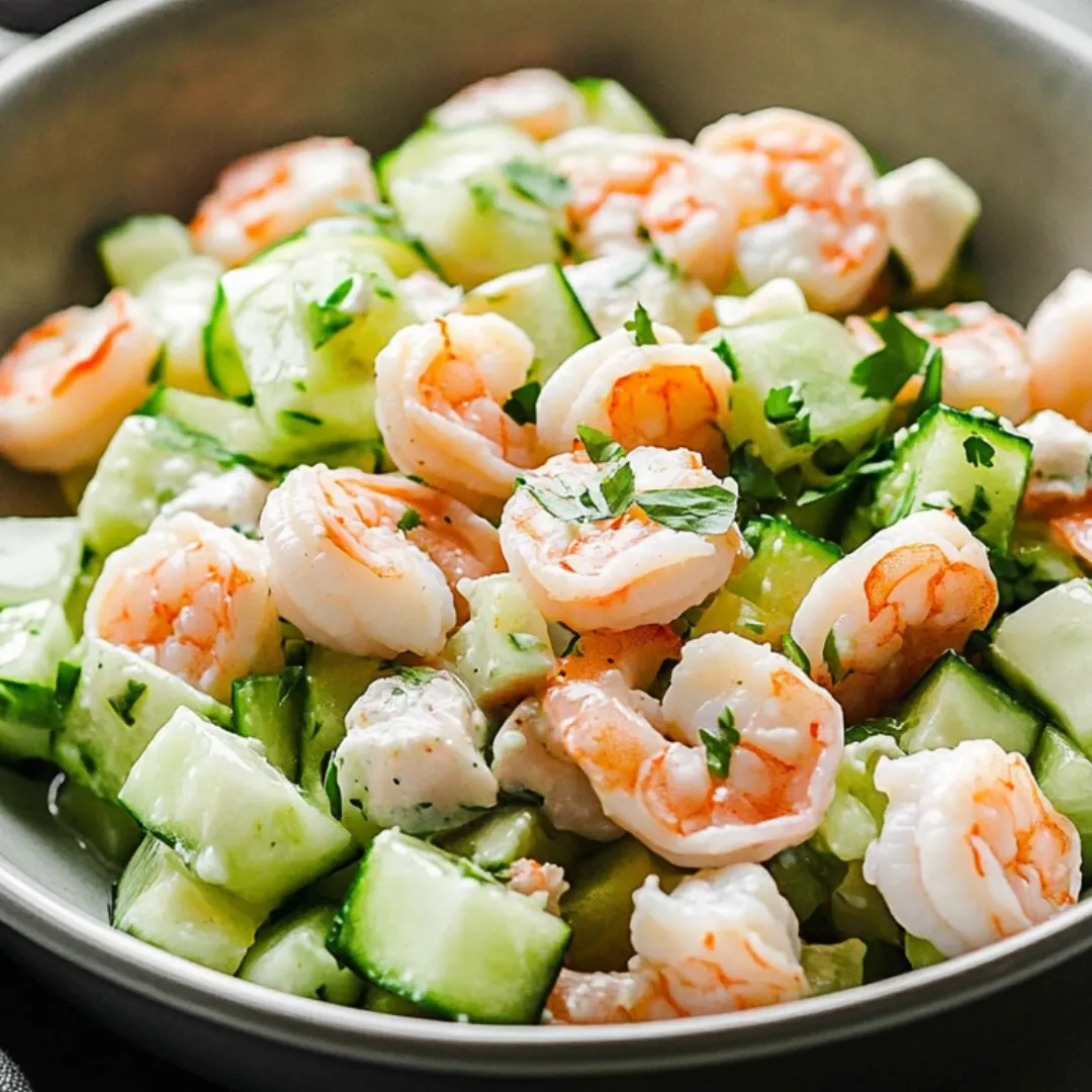 Eine Schüssel mit Garnelen-Gurkensalat.