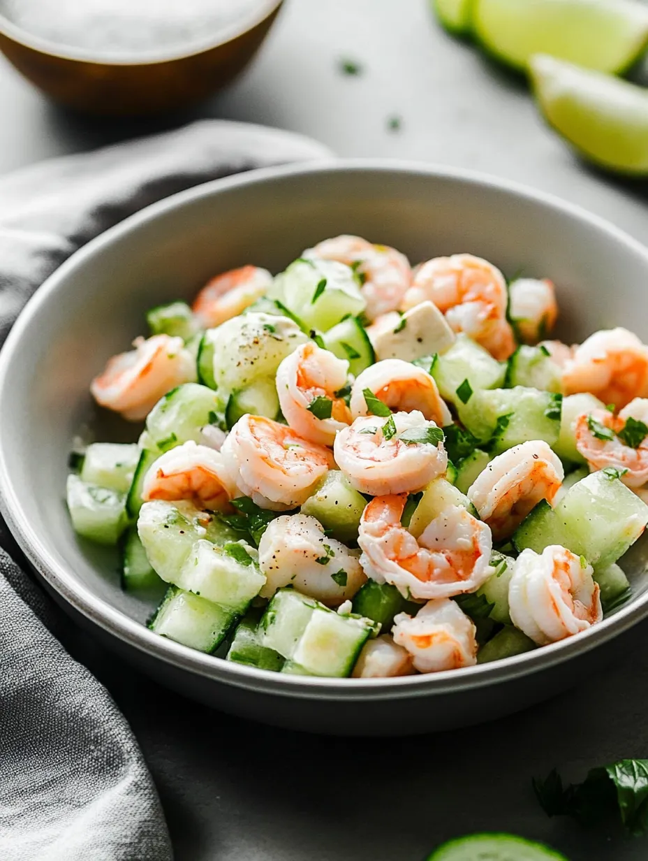 Eine Schüssel mit Gurken-Garnelen-Salat.