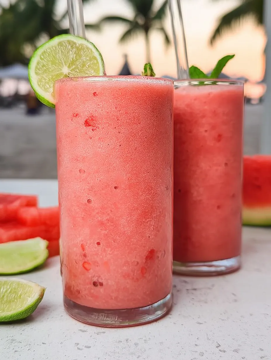 Zwei Gläser pinker Smoothie mit Limettenschnitzen am Rand.