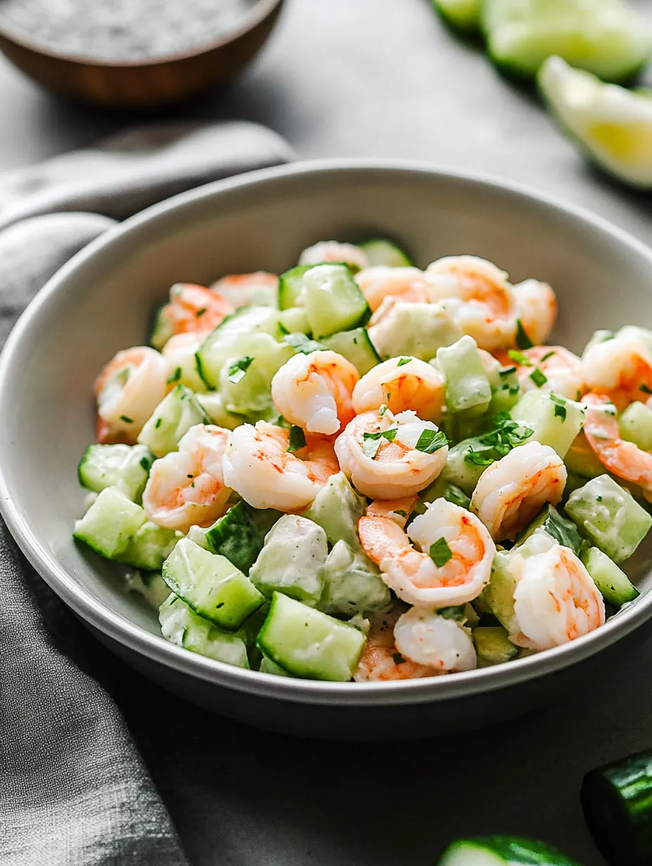 Eine Schüssel mit Gurken-Garnelen-Salat.
