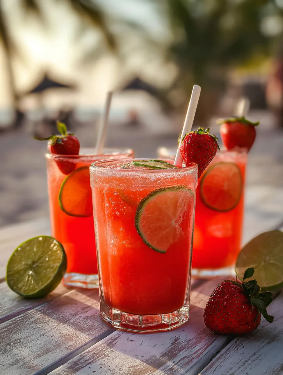 Drei Gläser voll pinkfarbenem Fruchtgetränk, getoppt mit Limettenscheiben und Erdbeeren.