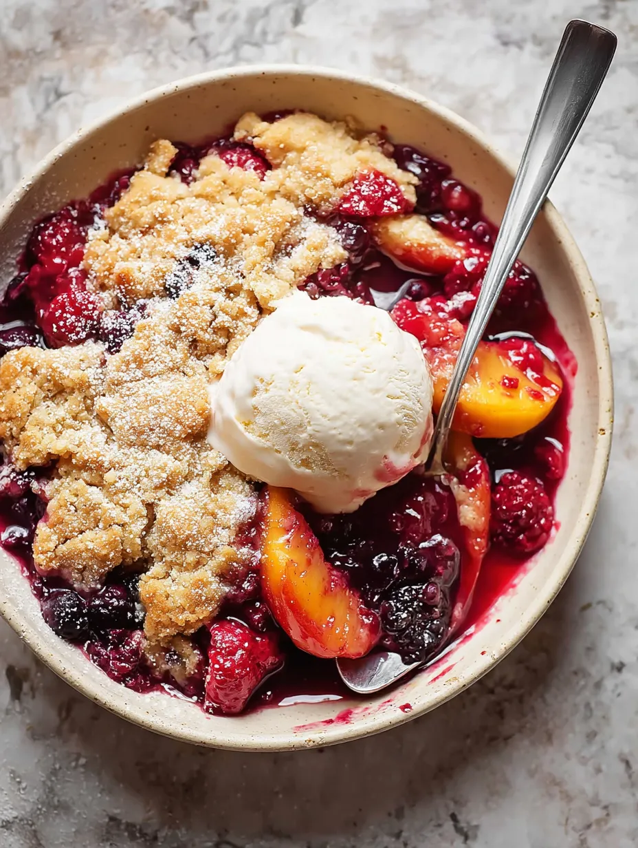 Eine Schüssel voller Früchte mit schmelzendem Eis obendrauf.