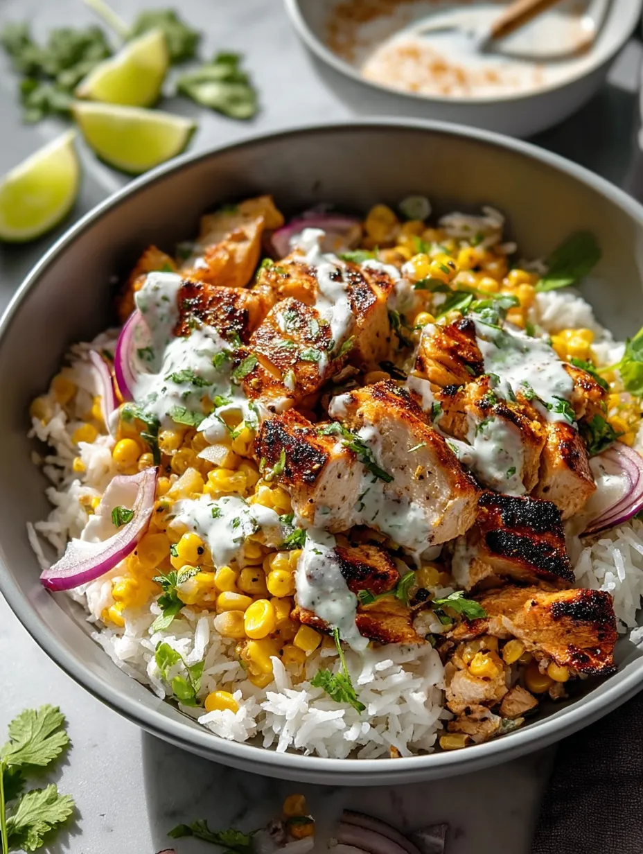 Eine Bowl mit Reis, Hähnchen und viel Mais.