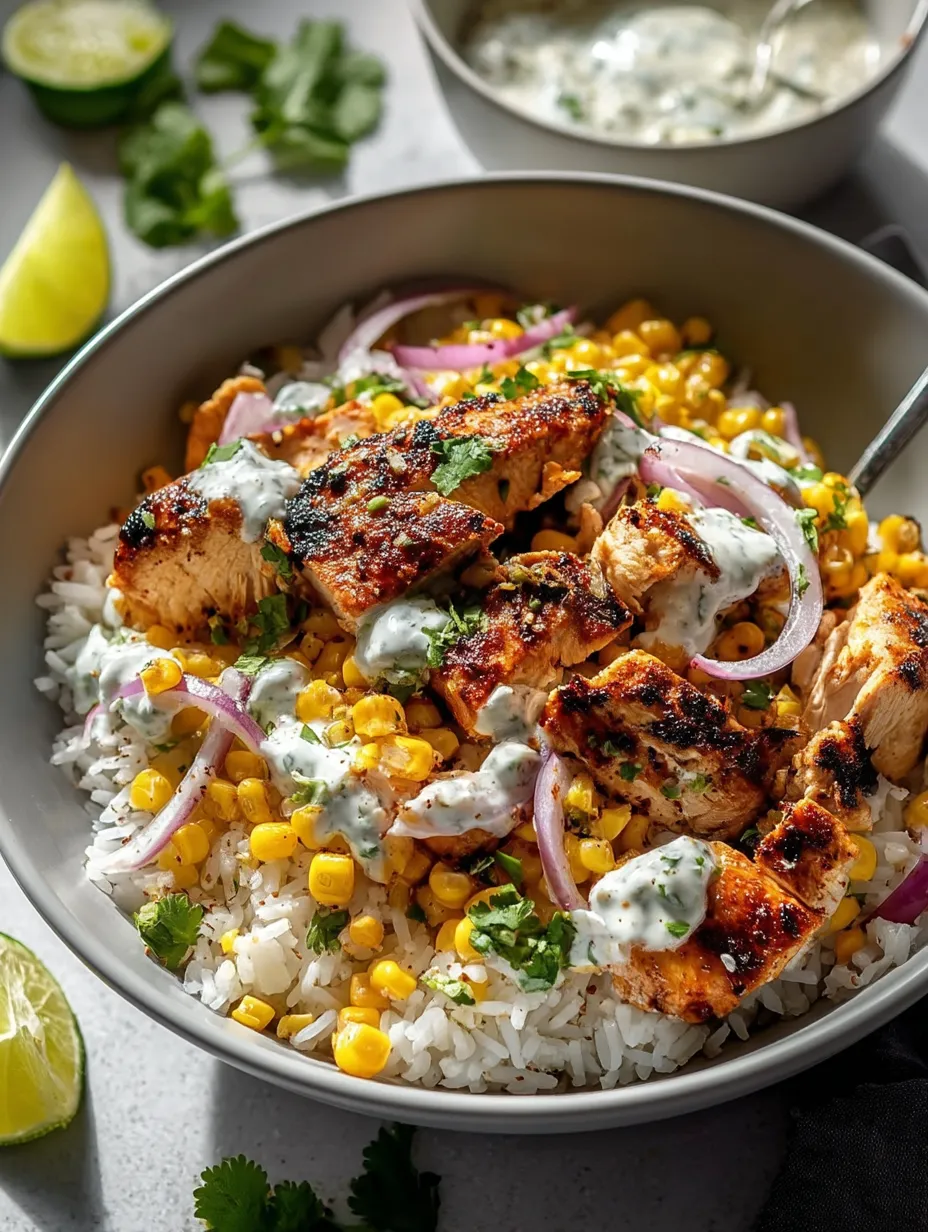 Reis und Fleisch in einer Schale mit Limette und Zwiebeln.