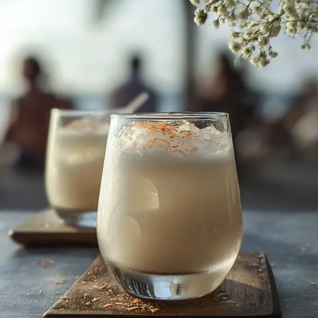 Zwei Gläser Milch mit orangenen Sprenkeln stehen auf einem Tisch.