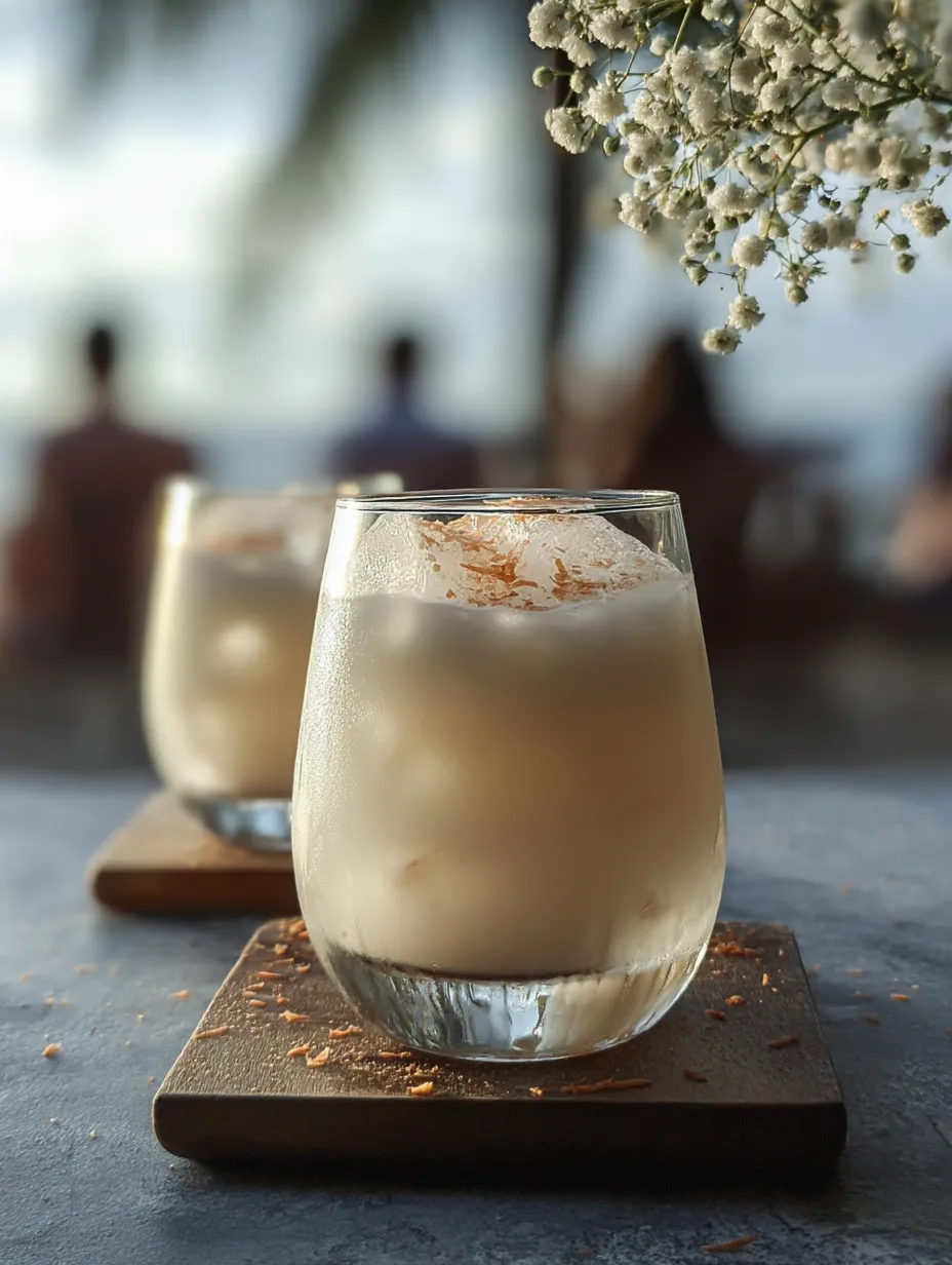 Zwei Gläser mit weißem Drink und orangenen Toppings.