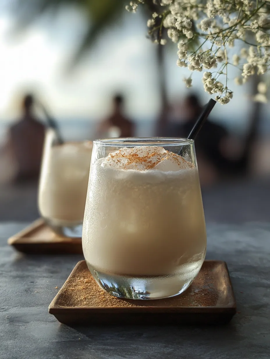 Zwei Gläser mit weißem Drink und Strohhalm.