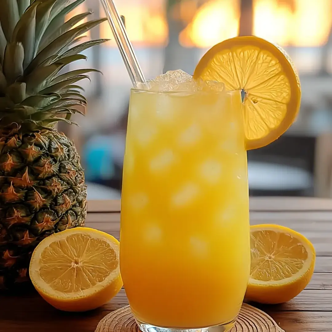 Orangengetränk mit Zitronenscheiben auf einem Glasuntersetzer.