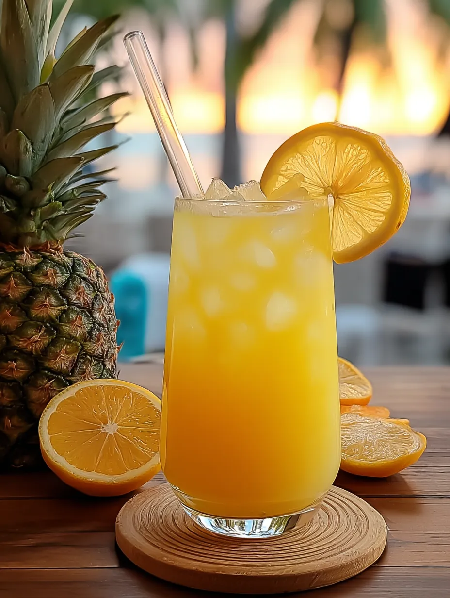 Orangensaft im Glas mit Strohhalm und einer Zitronenscheibe oben drauf.