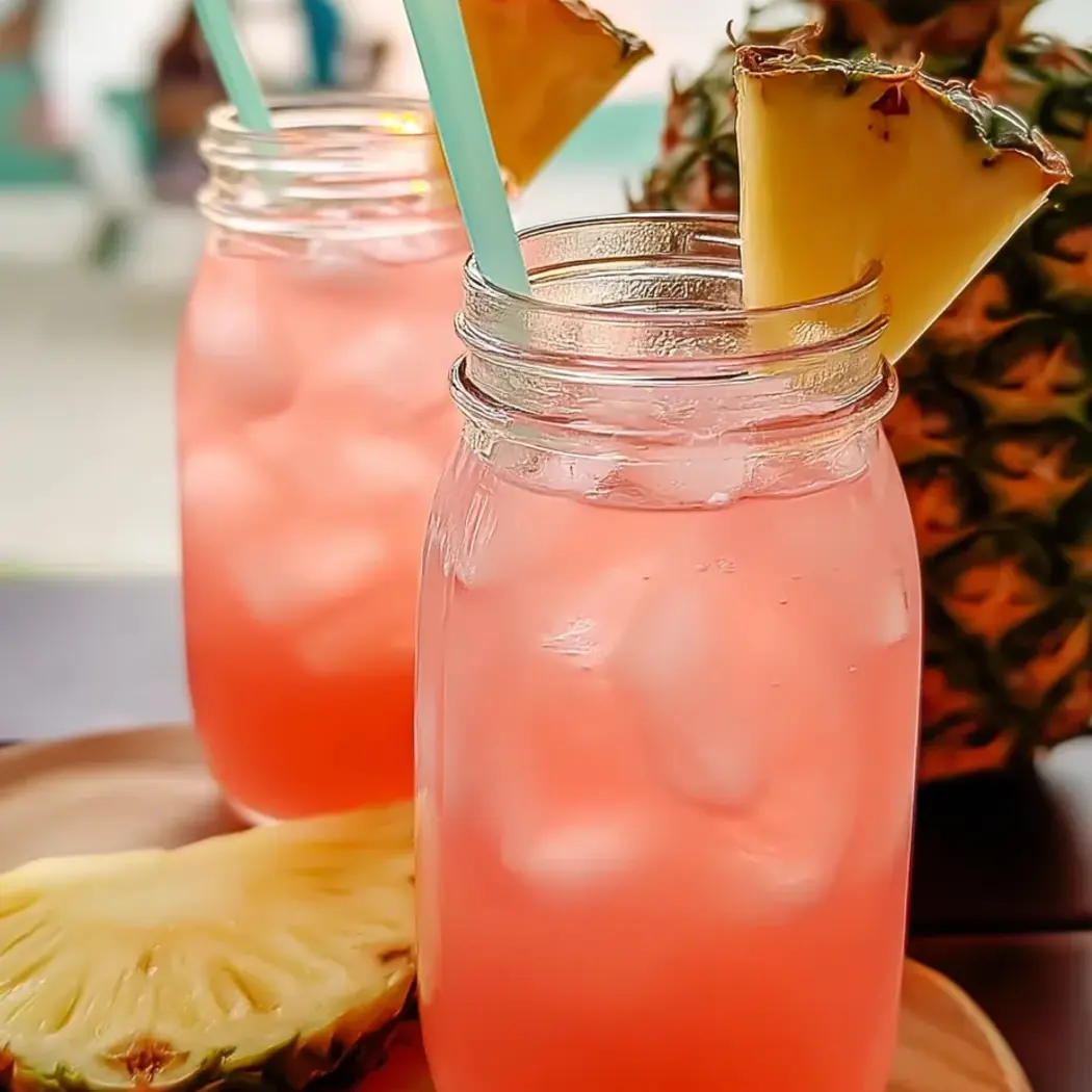 Zwei Gläser mit pinkem Drink und Ananasstücken.
