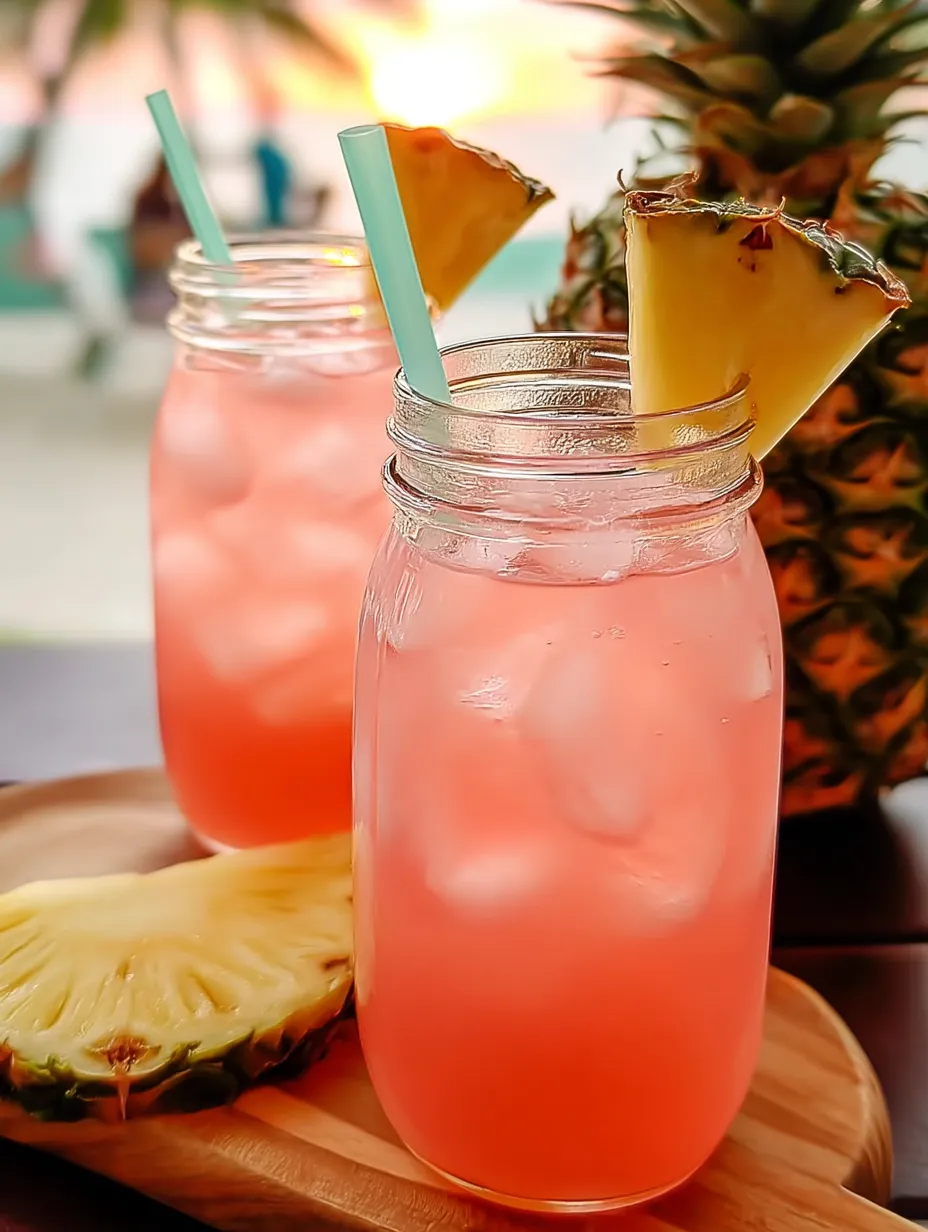 Hohe Gläser spritzige Pink-Limonade mit Ananas am Glasrand.