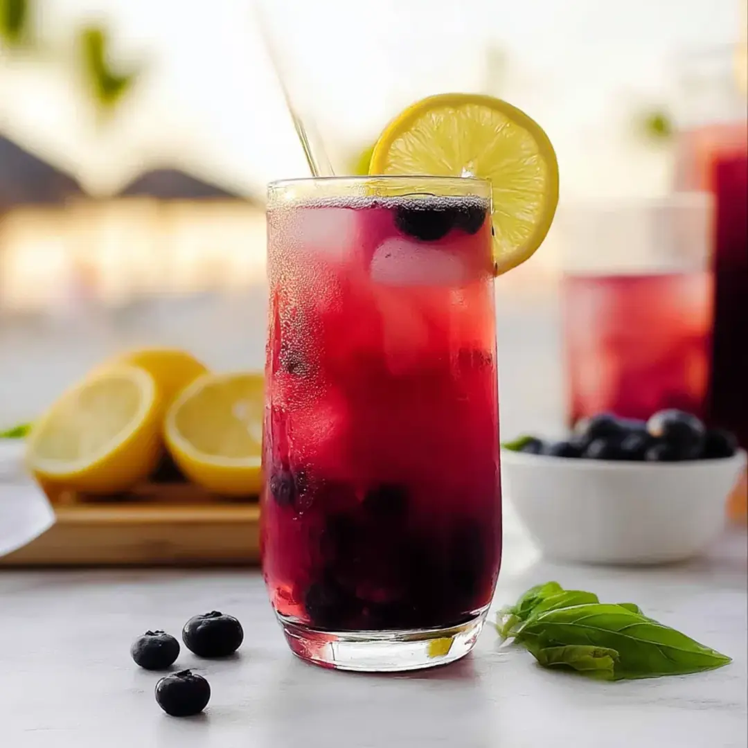 Ein Glas tiefroter Saft mit Blaubeeren und Zitronenscheiben.
