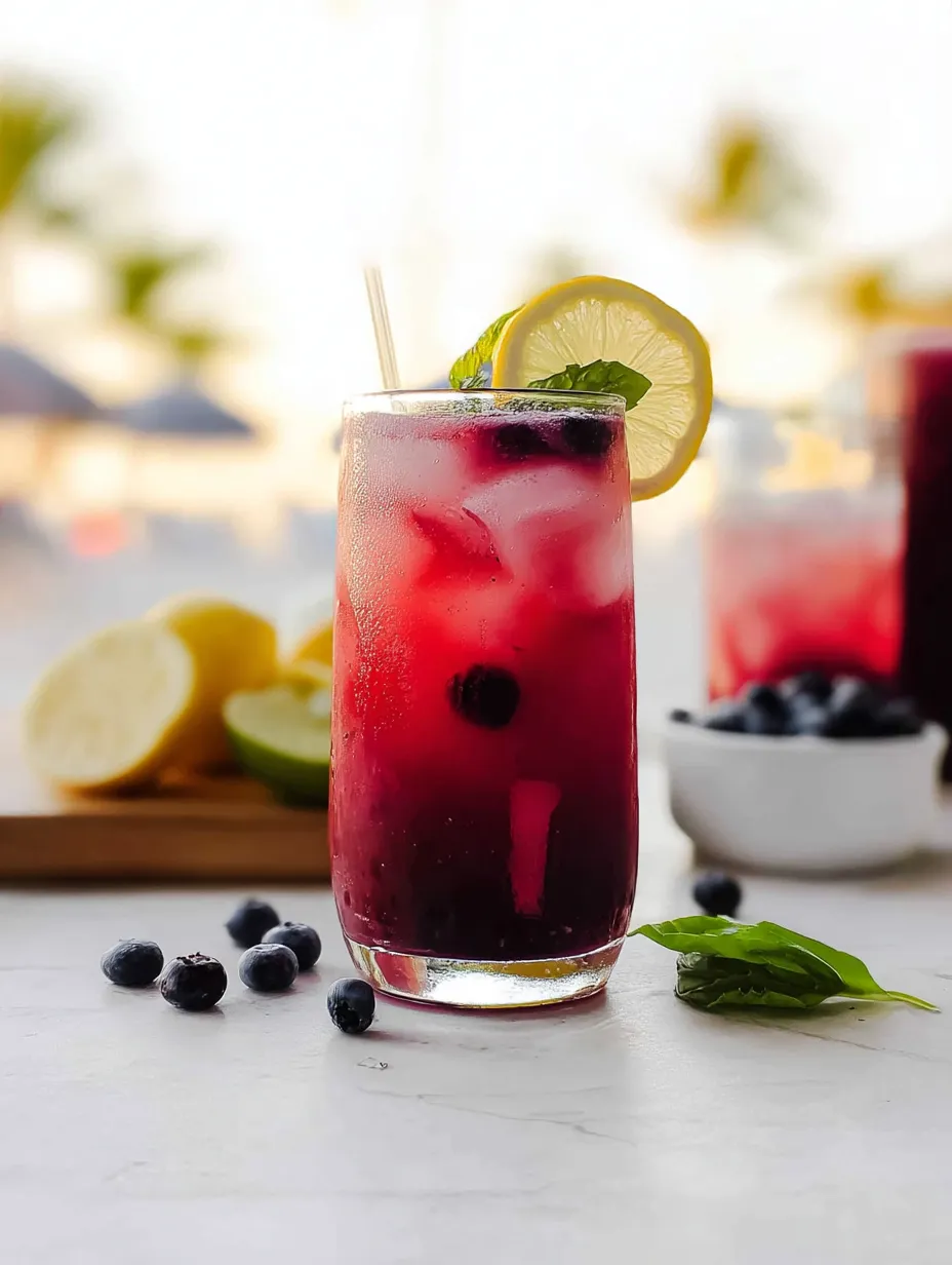 Ein Glas Blaubeer-Limonade mit Zitronenscheibe am Rand.