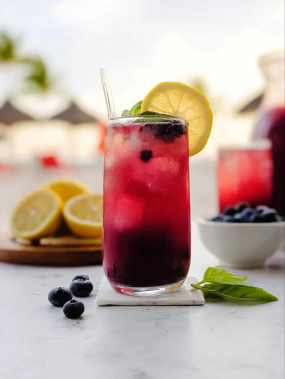 Ein Glas Blaubeer-Limonade mit Zitronenscheibe am Rand.