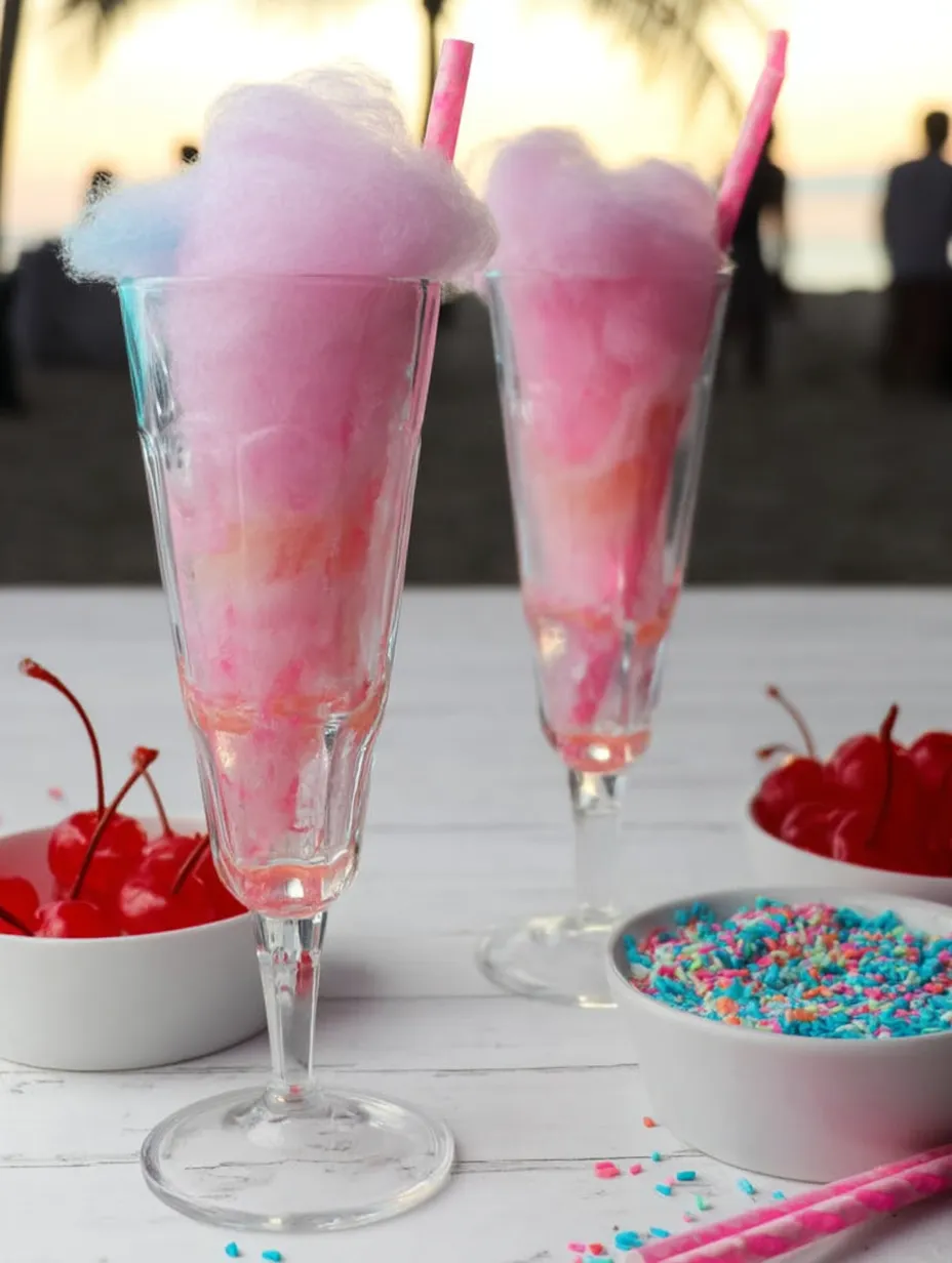 Zwei Gläser mit rosa und lilafarbener Zuckerwatte.