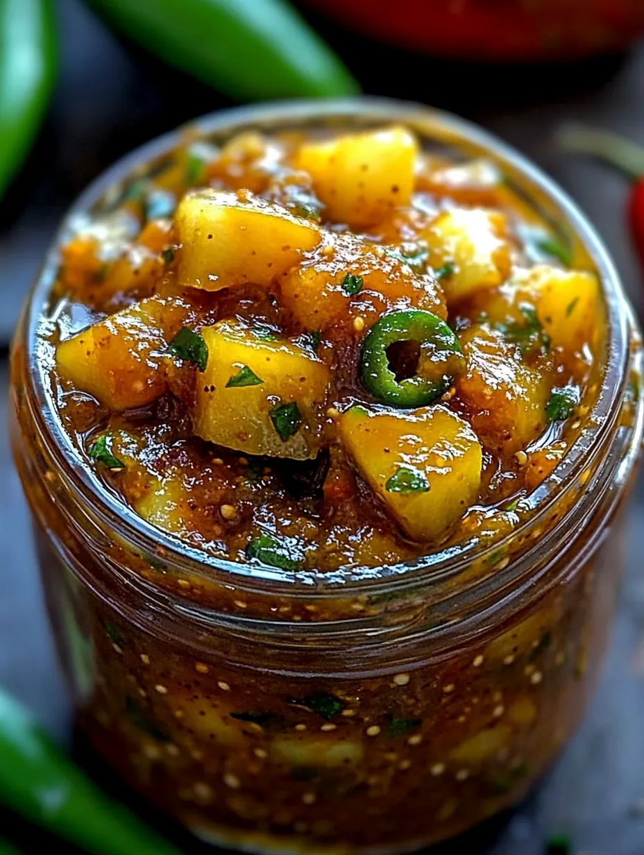 Ein Glas Salsa mit Chilischoten und Koriander.