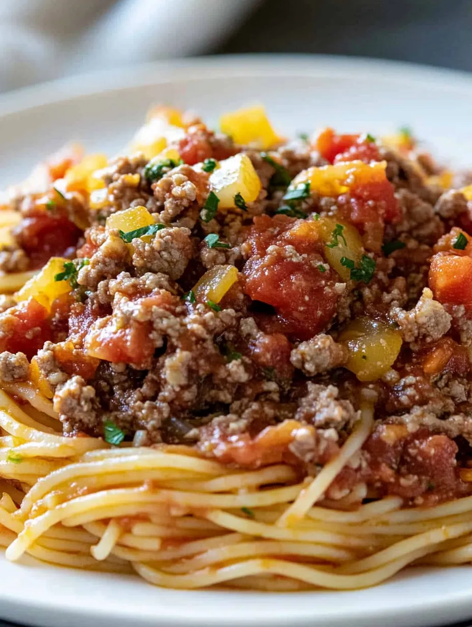Ein Teller Spaghetti mit Fleischsauce.