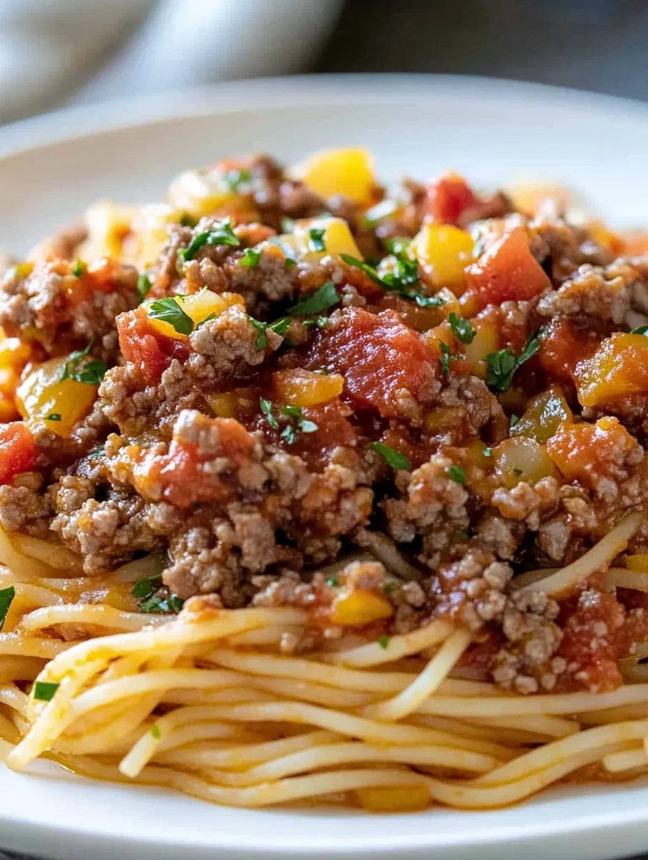 Ein Teller Spaghetti mit Fleischsauce.