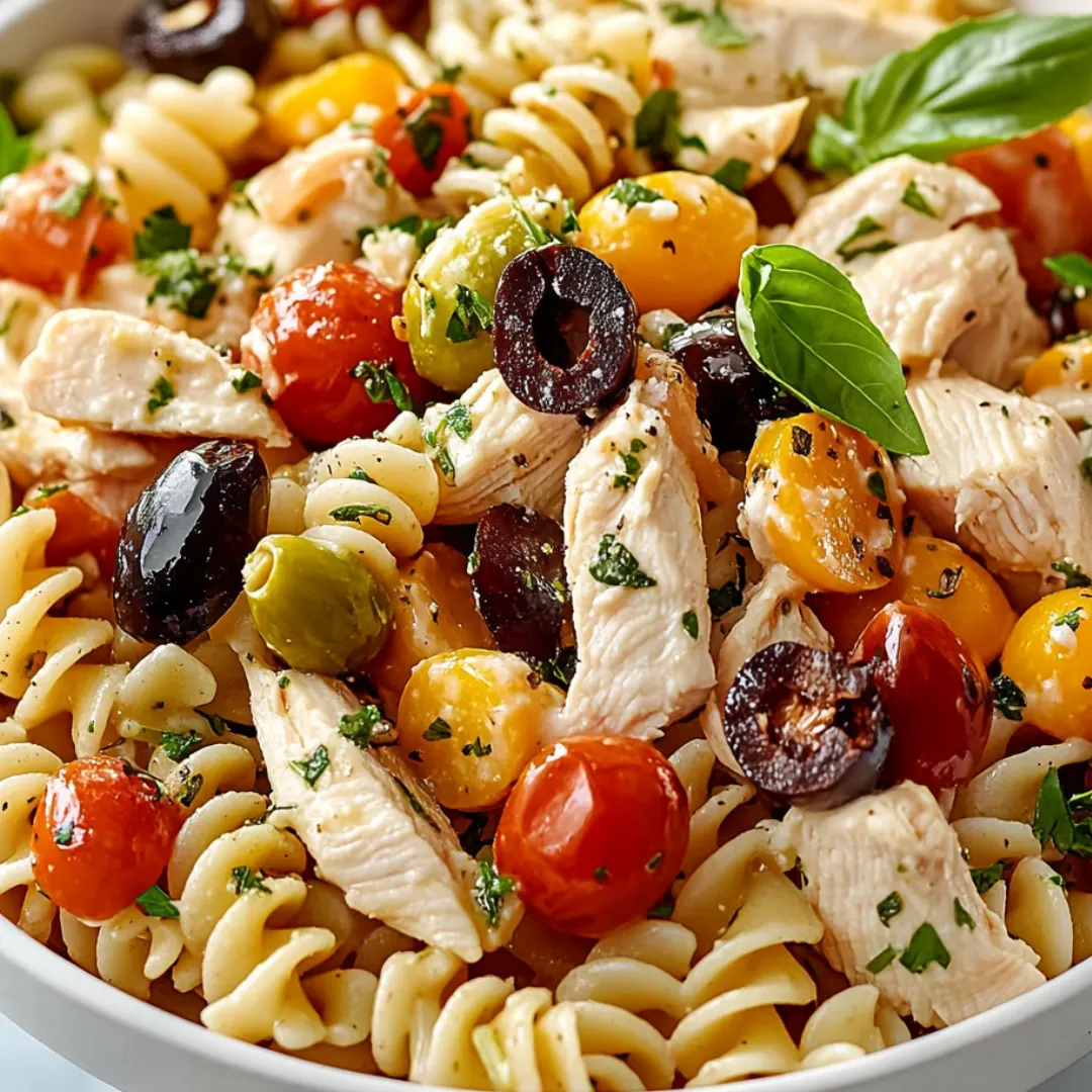 Eine Schüssel Nudeln mit Hähnchen, Tomaten, Oliven und Basilikum.