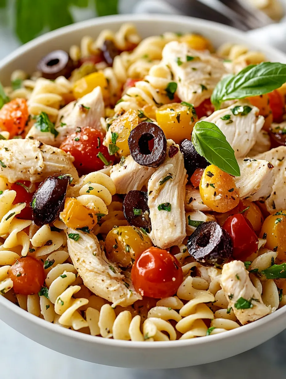 Eine Schüssel Nudeln mit Hähnchen, Tomaten, Oliven und Basilikum.