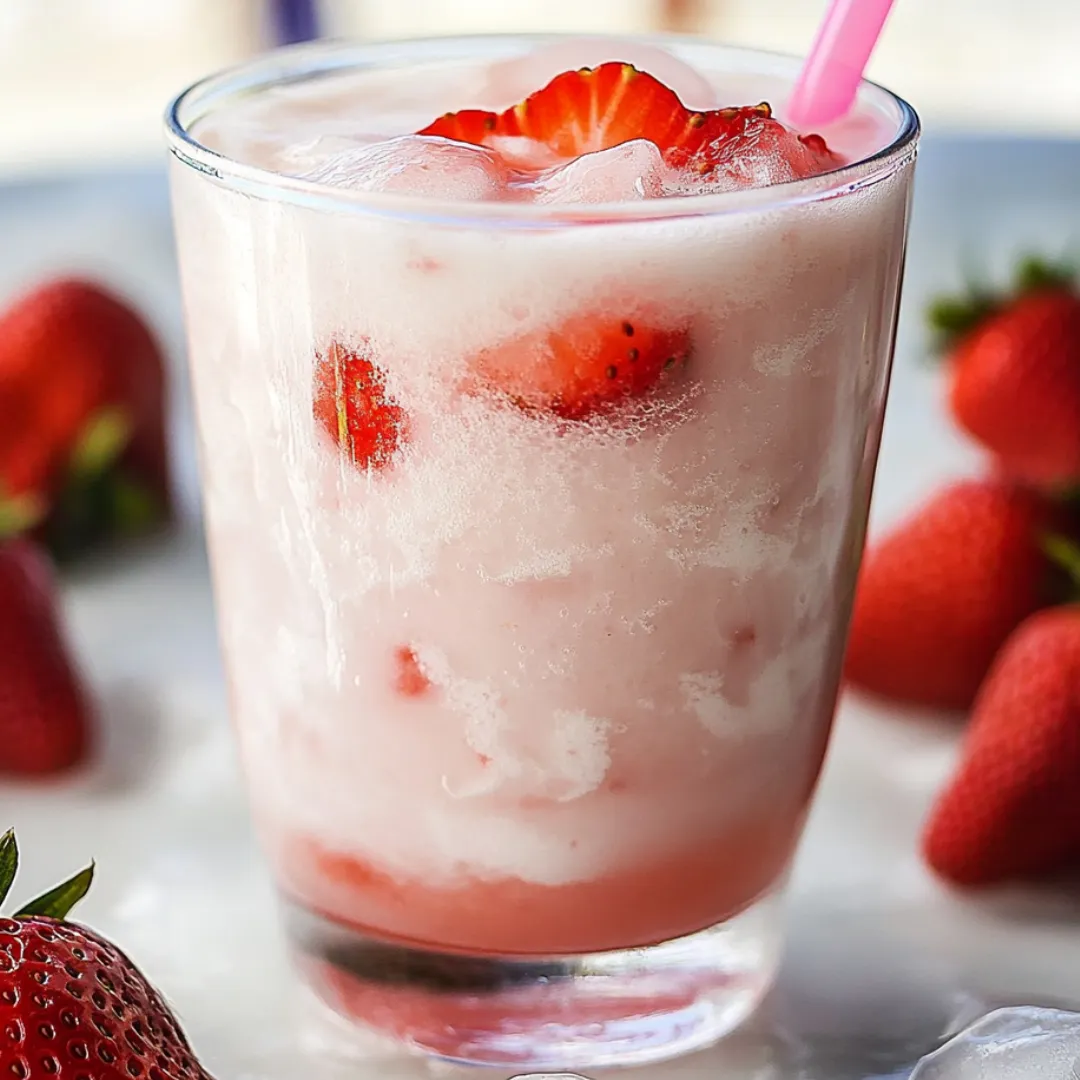 Ein Glas Erdbeermilch mit pinkem Strohhalm.