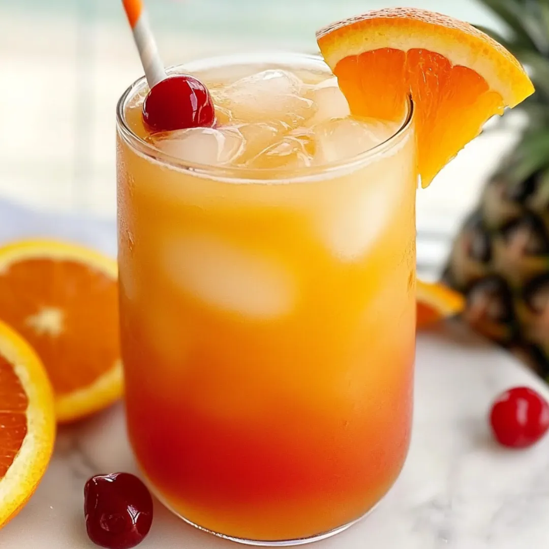 Ein Glas Orangensaft mit Kirsche oben drauf.